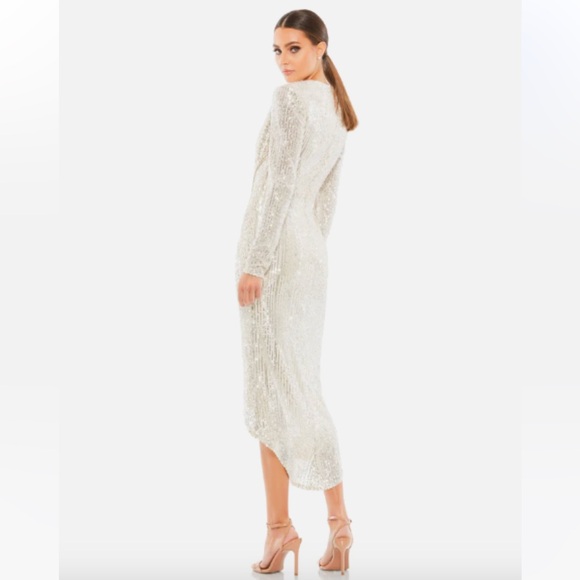 NWT MAC DUGGAL Sequined High Low Front Twist Midi Dress NUDE SILVER 26549 - Picture 3 of 4
